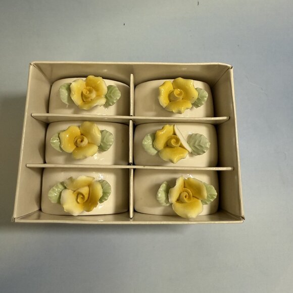 6 Vintage Porcelain Napkin Rings White with Yellow Roses and Green Leaves 2 1/8” - Picture 2 of 12